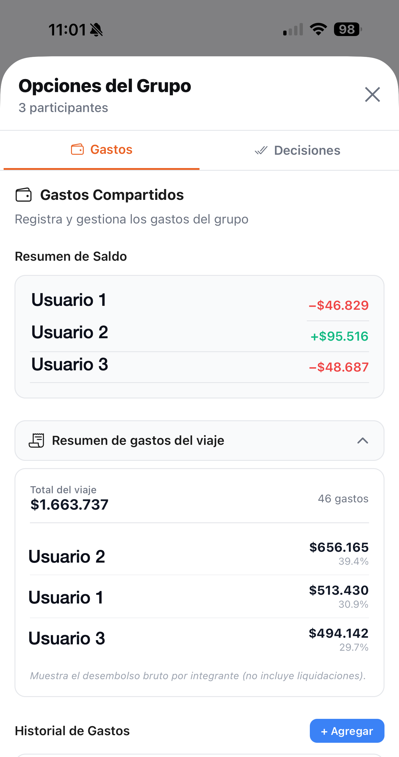 Group expenses screen with running balances