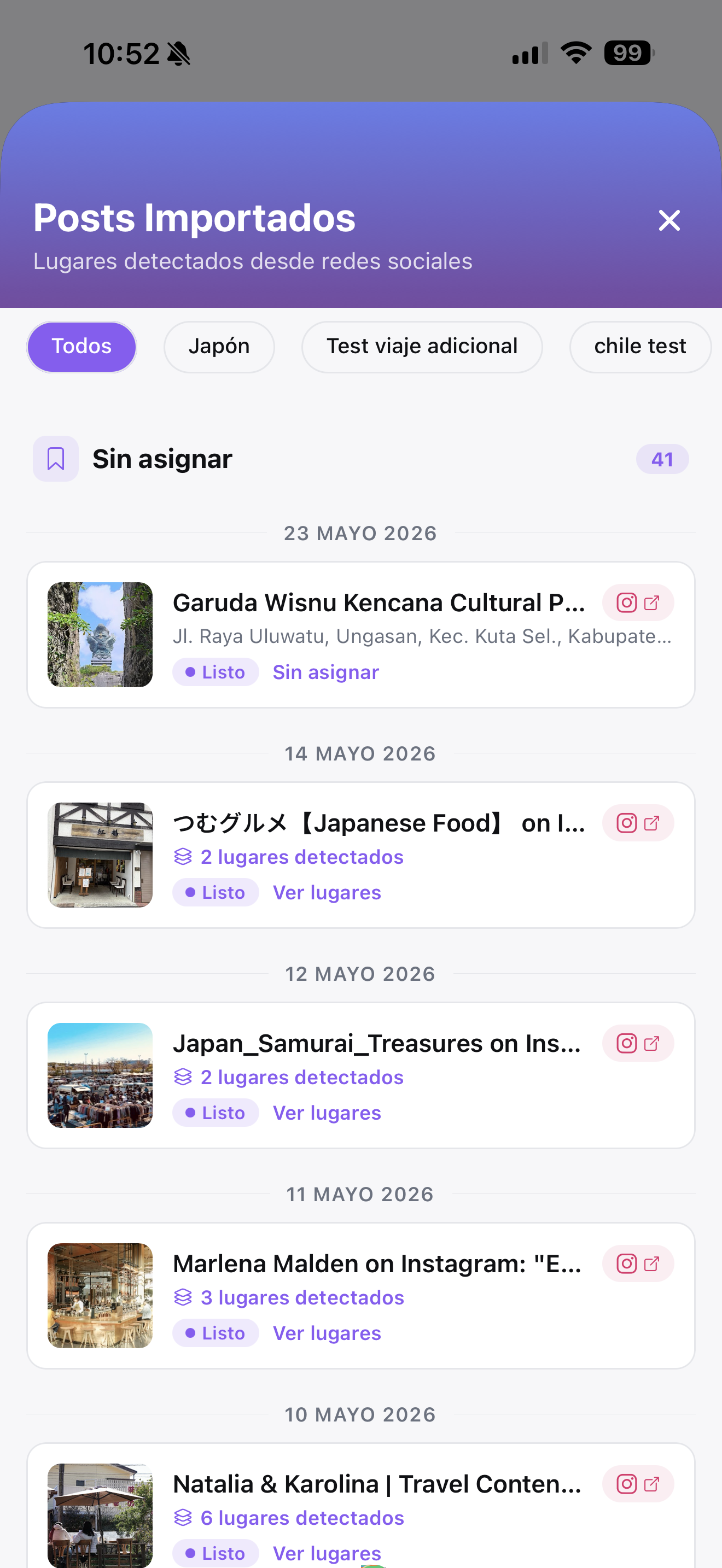 Imported posts screen showing places detected from Instagram